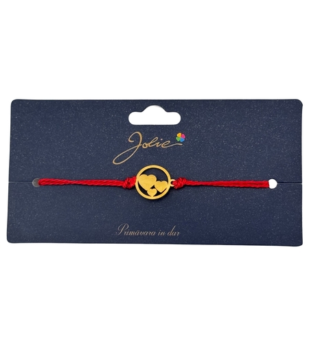 Martisor Bratara Primavara, Textil si Inox, Jolie, Snur Rosu, Model Trei Inimi, Auriu