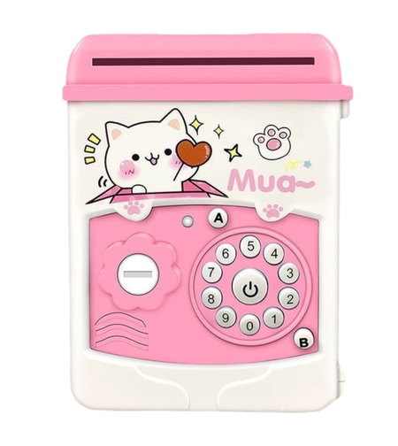 Pusculita pentru Fetite, Flippy, Pusculita pentru Economii PIGGY BOX, Pusculita Simpla cu Key Access, 17 x 11.5 x 10 cm, 400 gr, Alb Roz