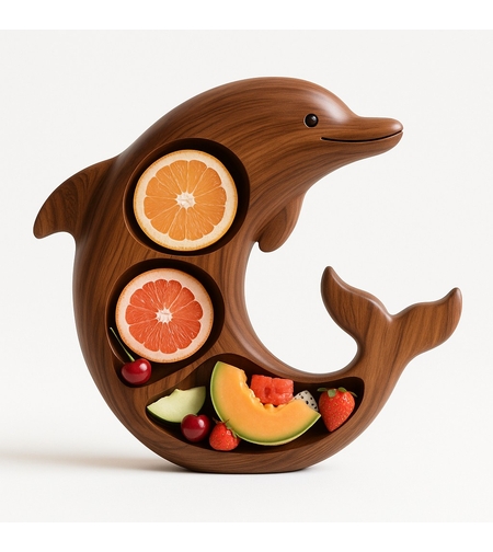 Platou pentru Servire, Vafy, in Forma de Delfin, 3 Compartimente pentru Mezeluri, Branzeturi, Snacksuri, Fructe, Design Artistic, din Lemn Masiv, 26 x 25 x 4 cm, Maro Natur