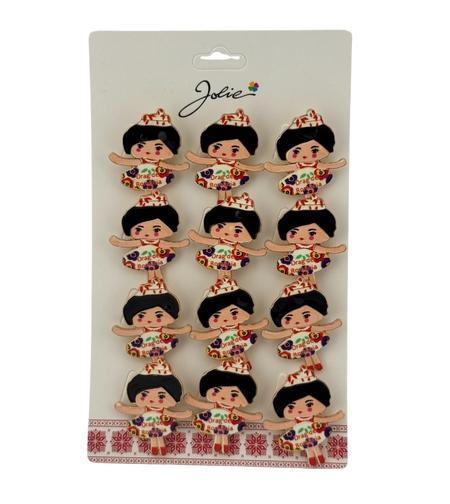 Set 12 Brose Martisor pentru Copii, Jolie, Model Fetita cu Coronita, cu Mesaj Drag de Romania, Multicolor