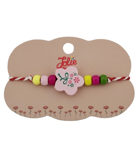 Bratara Martisor pentru Copii, Jolie, Pandativ Floare, cu Margele Multicolore, Snur Alb/Rosu, Roz/Multicolor