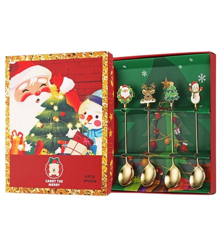 Set 4 Lingurite, Flippy, Tema Craciun, Model Carry The Merry, 4 Modele, din Otel Inoxidabil, 19.5 x 16 x 2 cm, Multicolor