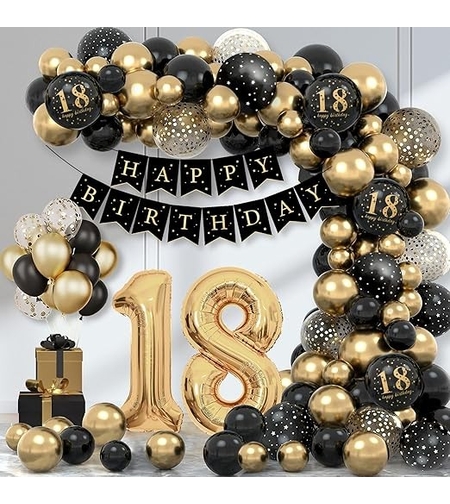 Set Baloane Folie si Latex, Flippy, Tematica Aniversare Majorat, Baloane Latex, Figurine Cifrele 1 si 8, Ambalaj Individual, Pai Inclus, Umflare cu Aer sau Heliu, Auriu Negru