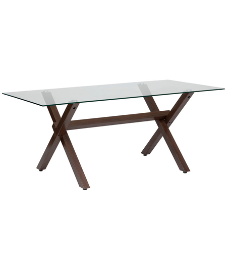 Masa dining bucatarie Atmosphera Jorel cu blat din sticla si picioare metalice, 180x90x75 cm, efect nuc