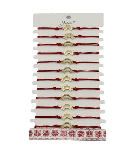 Bratara Martisor pentru Dama, Jolie, Model Luna Contur, Set 12 bucati, Pandativ din Inox Auriu, Snur Ajustabil Impletit, Rosu