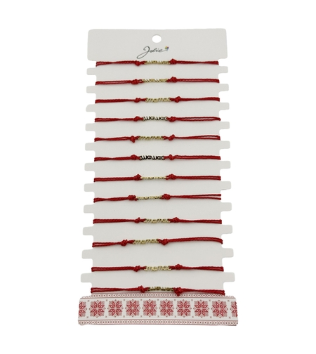 Bratara Martisor pentru Dama, Jolie, Model Mama, Set 12 bucati, Pandativ din Inox Auriu, Snur Ajustabil Impletit, Rosu