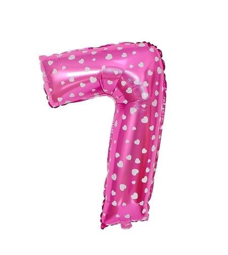 Balon din Folie Metalizata Flippy, Figurina Cifra, Imprimeu Inimi, Tema Aniversare 80 cm, Ambalaj Individual, Pai inclus, Umflare cu Aer sau Heliu, Roz, Cifra 7