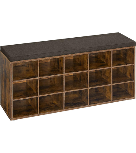 VASAGLE Banca pentru hol cu suport pentru pantofi, 15 compartimente, cu perna, 30x105x48cm, maro rustic