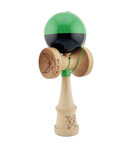 Kendama X Originala, Profesionala, Flippy, Big Cups V2, Super Sticky cu Cupe Mari, Rulment Metalic, din lemn 18 cm, Ata 55 cm, Verde/Negru