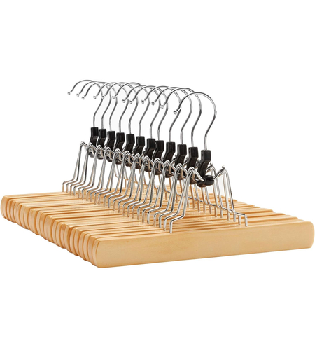 SONGMICS Set de 12 umerase din lemn pentru pantaloni, carlig antiderapant rotativ, 25cm, natural