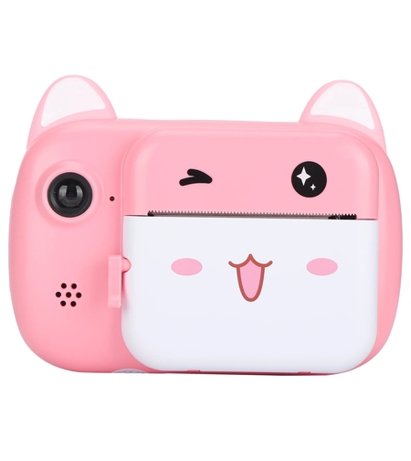 Set Camera Instantanee pentru Copii, Flippy, Camera Selfie, Ecran HD 2.4'', 24MP, 1080P Video, 1200 mAh, cu Functie de Printare Alb-Negru, cablu USB-C, Bluetooth, Compatibil iOS/Android, Imprimare APP, Model Pisicia Emoji, Roz