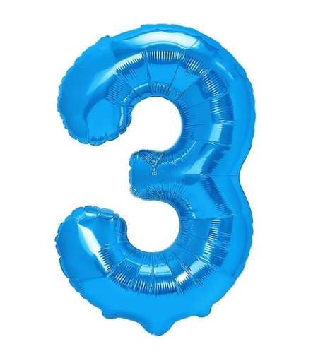Balon din Folie Metalizata, Flippy, Figurina Cifra, Tema Aniversare 100 cm, Ambalaj Individual, Pai inclus, Umflare cu Aer sau Heliu, Albastru, Cifra 3