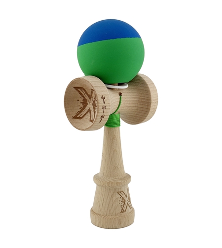 Kendama X Originala, Profesionala, Flippy, Rubber Grip, Cupe Mari KING SIZE V3, Gaura in Baza, Rulment Metalic, din lemn 18 cm, Ata 62/65 cm, Bicolor Albastru/Verde