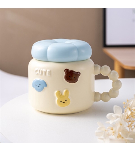 Cana pentru Copii, Flippy, din Portelan, print Figurine Animalute, Model CUTE, Cana cu Capac, Ceasca pentru Cafea, Ceai, 400ml Galben deschis