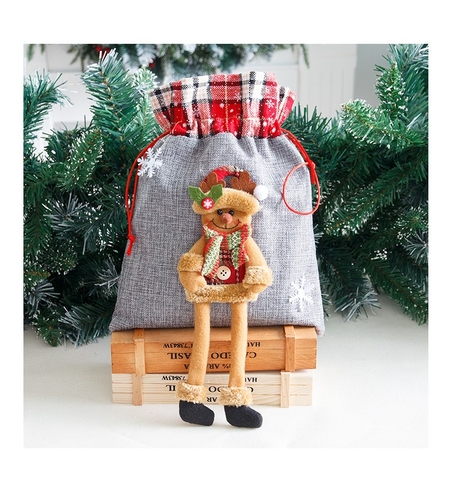 Sac din textil pentru cadouri de Craciun, Flippy, Model Ren, 30x25 cm, Gri