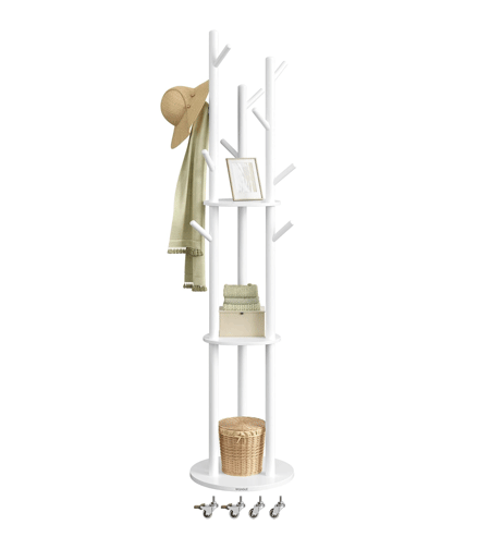 VASAGLE Cuier din lemn masiv, cu 11 agatatori si 3 rafturi, 4 roti detasabile rotative 360°, 40x40x175 cm, alb