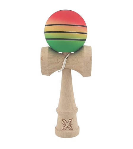 Kendama X Originala, Profesionala, Flippy, din Lemn, Rubber Grip, 18 cm, Rosu/Galben/Verde