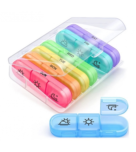 Cutie Depozitare Medicamente, Flippy, 7 Zile, 21 Compartimente, Cutie Suport, Recipiente Detasabile, Portabila, Multicolor, Cutie Transparenta, 15.6x12 cm