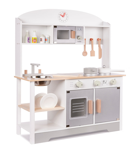 Bucatarie din lemn pentru copii cu accesorii, MDF si lemn, 68x25x82 cm, gri si alb