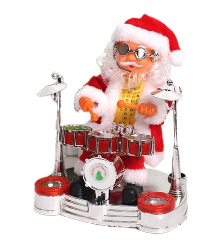Decoratiune Mos Craciun, Flippy, Animat, care Canta si Danseaza, cu Tobe, Imbracat Festiv, 20x17 cm Inaltime, Rosu