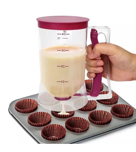 Dispenser de Aluat pentru Prajituri, Vafy, din Plastic, Maner cu Arc, 900 ml, 18.5 x 11 cm, Rosu