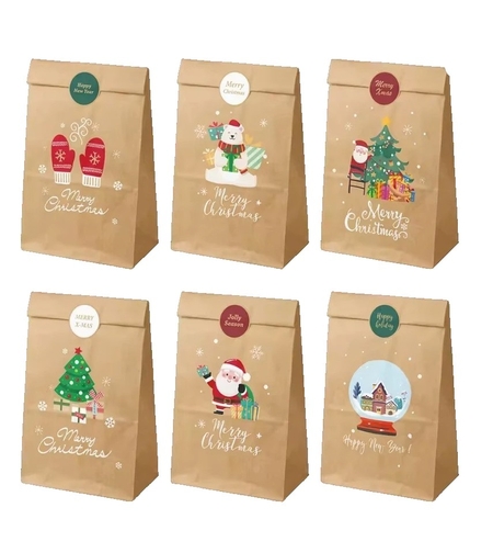 Set 12 Pungi de Cadou, Flippy, Tema Craciun, 12 Stickere Incluse, 22 x 12 x 8 cm, din Hartie, Maro