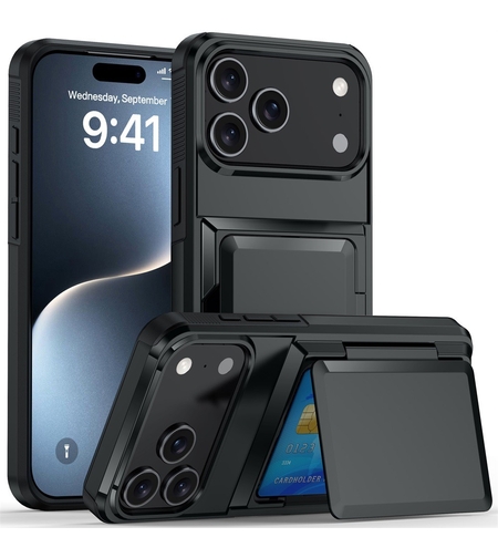 Husa de Protectie compatibila Apple iPhone 17 Pro, Vafy, Compartiment pentru Carduri, Anti-alunecare, Protectie PC, Rezistenta la Zgirieturi, Negru