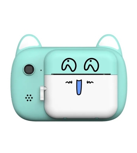 Set Camera Instantanee pentru Copii, Flippy, Camera Selfie, Ecran HD 2.4'', 24MP, 1080P Video, 1200 mAh, cu Functie de Printare Alb-Negru, cablu USB-C, Bluetooth, Compatibil iOS/Android, Imprimare APP, Model Pisicia Emoji, Bleu