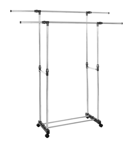 Suport pentru haine pe roti, sina dubla, reglabil pe inaltime si latime, din aluminiu cromat, 155x45x150cm, argintiu