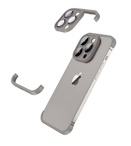 Husa Metalica Edgeless Compatibila cu iPhone 15, Vafy, Protectie pentru Colturi si Camera, Aliaj, Antisoc, Antizgariere, Gri Mat