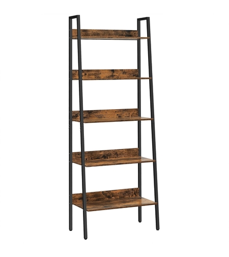 VASAGLE Biblioteca tip scara, cadru otel cu 5 polite, stil industrial, 60x30x170 cm, maro