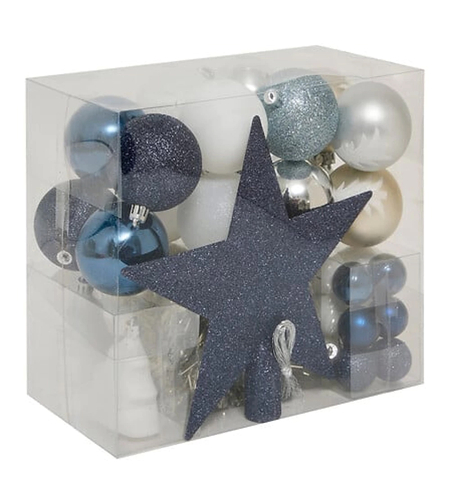 Set decoratiuni Craciun, 44 piese, cu globuri, ghirlanda si varf de brad, albastru si alb