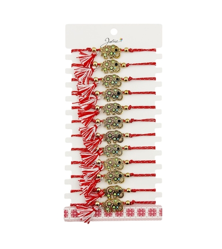 Martisor Bratara cu Ciucure pentru Dama, Jolie, Model Elefant cu Pietre Colorate, Set 12 bucati, Pandativ din Inox, Snur Reglabil, Rosu/Alb