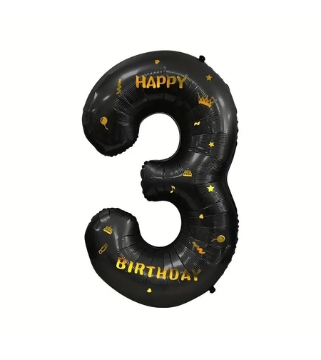 Balon din Folie Metalizata Flippy, Figurina Cifra, Scris Happy Birthday, Tema Aniversare 100 cm, Ambalaj Individual, Pai inclus, Umflare cu Aer sau Heliu, Negru, Cifra 3
