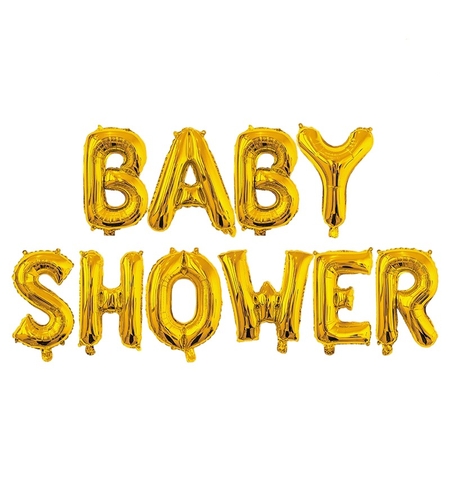 Set Baloane din Folie Metalizata, Flippy, Model Baby Shower, Litere de 40 cm, Baloane Party, Ambalaj Individual, Pai, Ata si Adeziv Incluse, Umflare cu Aer sau Heliu, Auriu