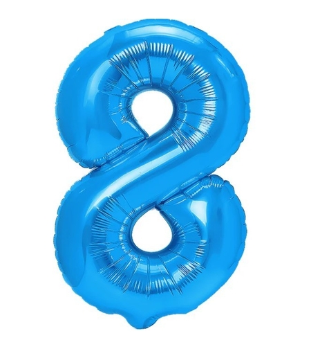 Balon din Folie Metalizata, Flippy, Figurina Cifra, Tema Aniversare 80 cm, Ambalaj Individual, Pai inclus, Umflare cu Aer sau Heliu, Albastru, Cifra 8