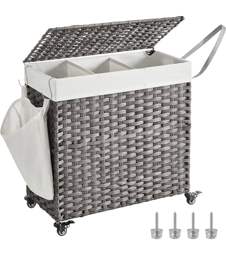 SONGMICS Cos de rufe tesut manual, cu captuseala detasabila lavabila, 3 compartimente, stil ratan, 140 litri, 66x33x60 cm, gri