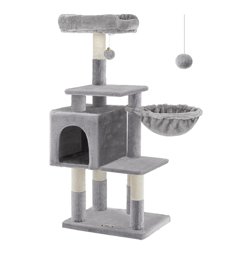 FEANDREA Ansamblu de joaca pentru pisici, tip copac, cu culcus si ascunzatoare, 50x40x110cm, gri deschis