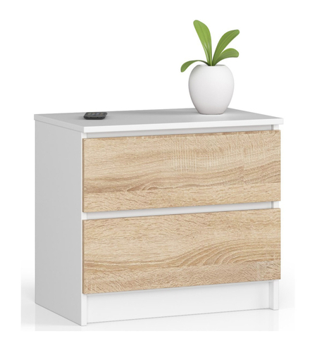 Noptiera cu 2 sertare din PAL laminat 16 mm, 60x40x55 cm, alb si stejar sonoma