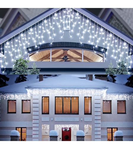 Instalatie Craciun Turturi, IP44, 5 m, 143 Led-uri ,Perdea Franjurata, Alb rece, 8 jocuri de lumini, Transformator 31 V, Putere 9 W, Interconectabila, Interior/Exterior, Prelungitor 3 m inclus, Fir Alb, Flippy