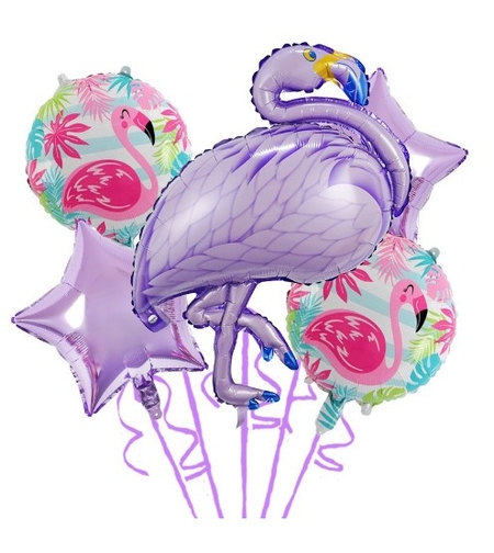 Baloane aniversare Flamingo Party, Flippy, din Folie de aluminiu si Latex, set din 5 baloane, 1 Flamingo, 2 Stele, 2 rotunde, 60 x 90 cm, Adeziv si pai inclus Mov