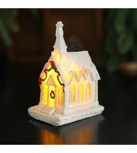 Decoratiune Ornament de Craciun, Flippy, Biserica de Craciun din Rasina, Model Biserica Mica Iluminata din Interior, 8.8 x 6 x 4.5 cm, Alb