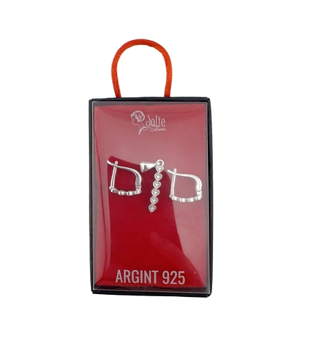 Set din Argint 925 Cercei si Pandantiv, Jolie Silver, pentru Dama, Model Inimi cu Pietre, Design Fin si Romantic, 3.52 g, Argintiu