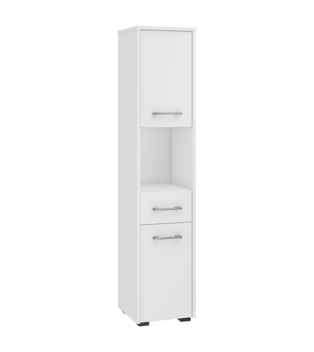 Dulap baie tip coloana cu 2 usi, 1 sertar si rafturi interioare, PAL laminat, 30x30x140 cm, alb