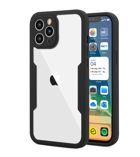 Husa Max Defence pentru iPhone 12 , Bumper Negru, Fata Dubla Transparenta, Protectie Antisoc Full 360 ( fata, spate, margini ), Vafy