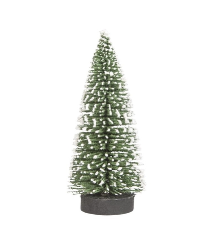 Brad artificial de craciun, ornament pentru masa, pe suport lemn, 20 cm inaltime, Verde inzapezit