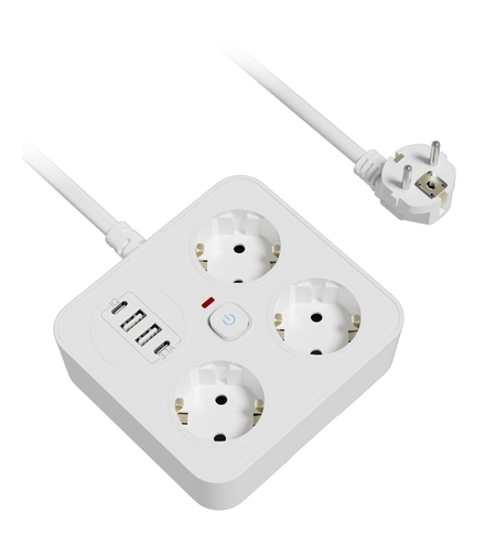 Prelungitor Multifunctional pentru Birou, Vafy, 3 Prize, 2 USB-A, 2 TYPE-C, Suport pentru Telefon, 3250W, Lungime Cablu 2 m, 11.4 x 12.4 cm, Alb