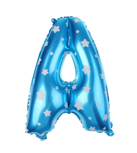 Balon Folie Metalizata Litera A, Flippy, 40 cm, Cu Imprimeu Stelute, Umflati cu Heliu sau Aer, Ambalaj Individual, Pai inclus, Albastru