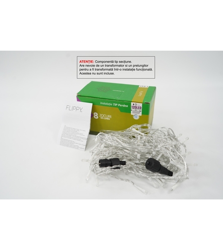 Sectiune Instalatie de Craciun Vafy Tip Perdea, 8 jocuri de lumini, 2m x1 m, 120 LED-uri, Interconectabila, Fir Transparent, Alb Rece