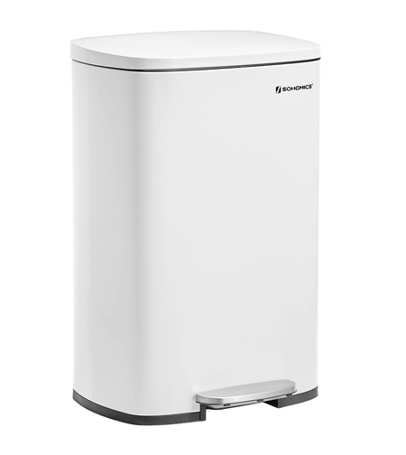 SONGMICS Cos de gunoi din otel cu pedala, galeata interioara plastic, capac inchidere lenta, 50L, 43x32x66cm, alb